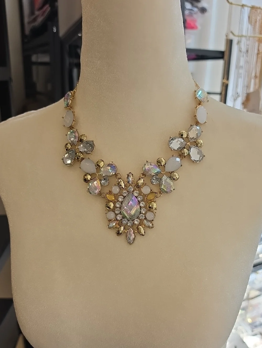Gold Statement Necklace with Iridescent and White Stones - Picture 1 of 4